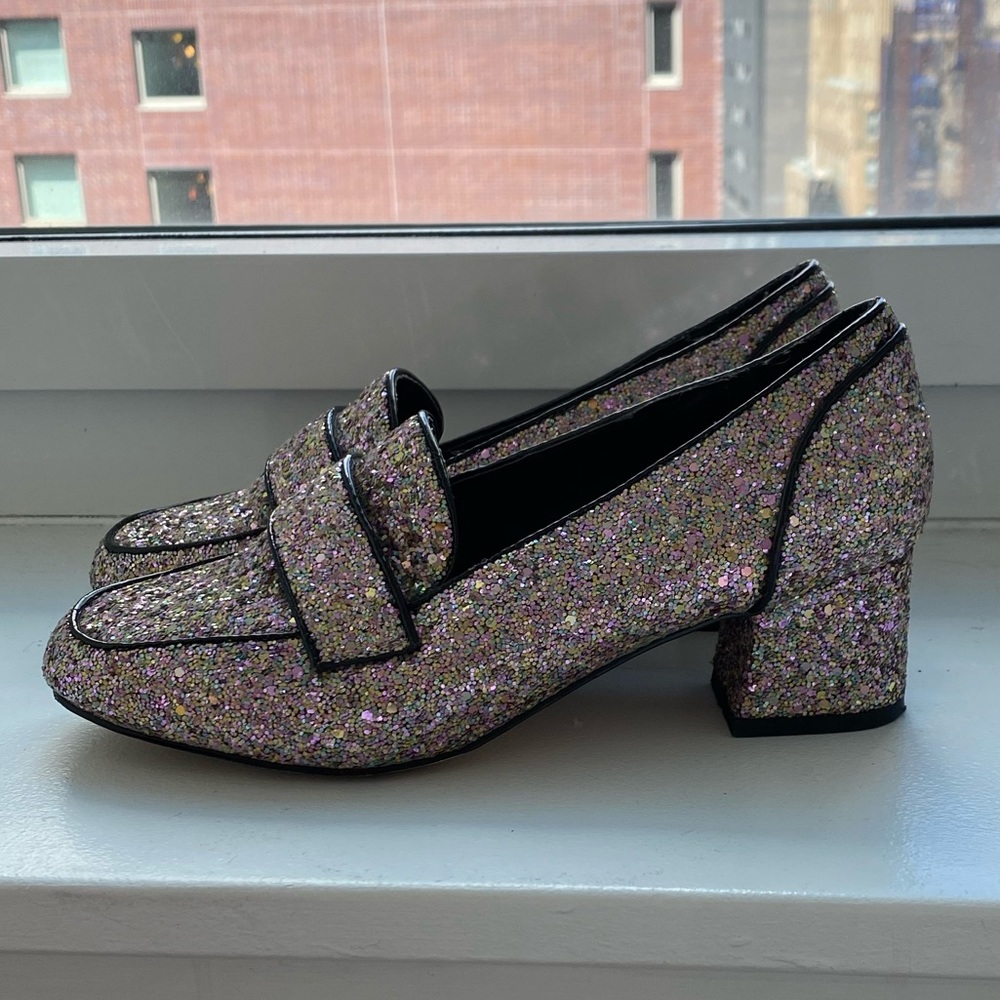 ASOS Pink Multi-Glitter Penny Loafers with Low Block Heel